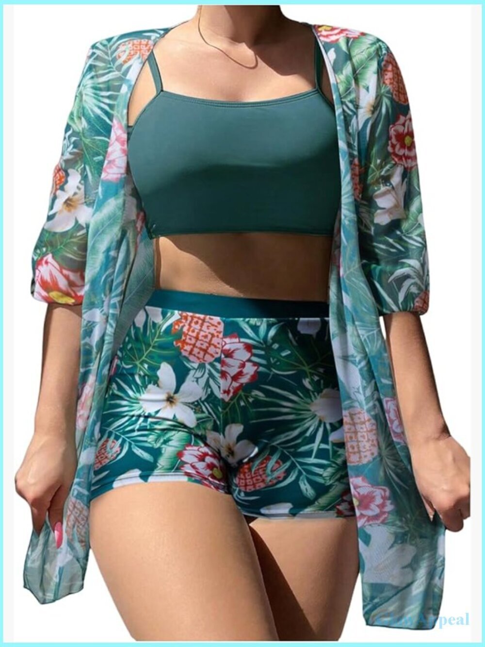 3-Piece Tropical Bikini Set High Waisted Boyshorts with Kimono Cover Up